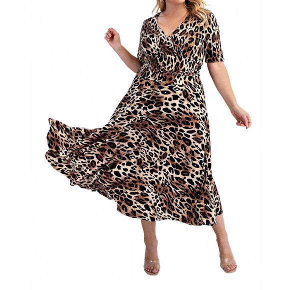 NEW THE CURVE LA plus size surplice midi dress with full skirt in black/taupe - Picture 1 of 4
